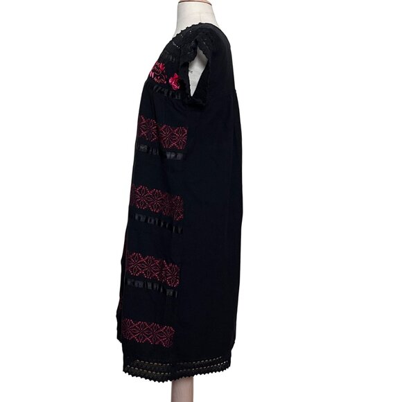 Ethnic Floral Embroidered Dress Small Black Pink Floral Crochet Boho Hippie - Picture 4 of 8